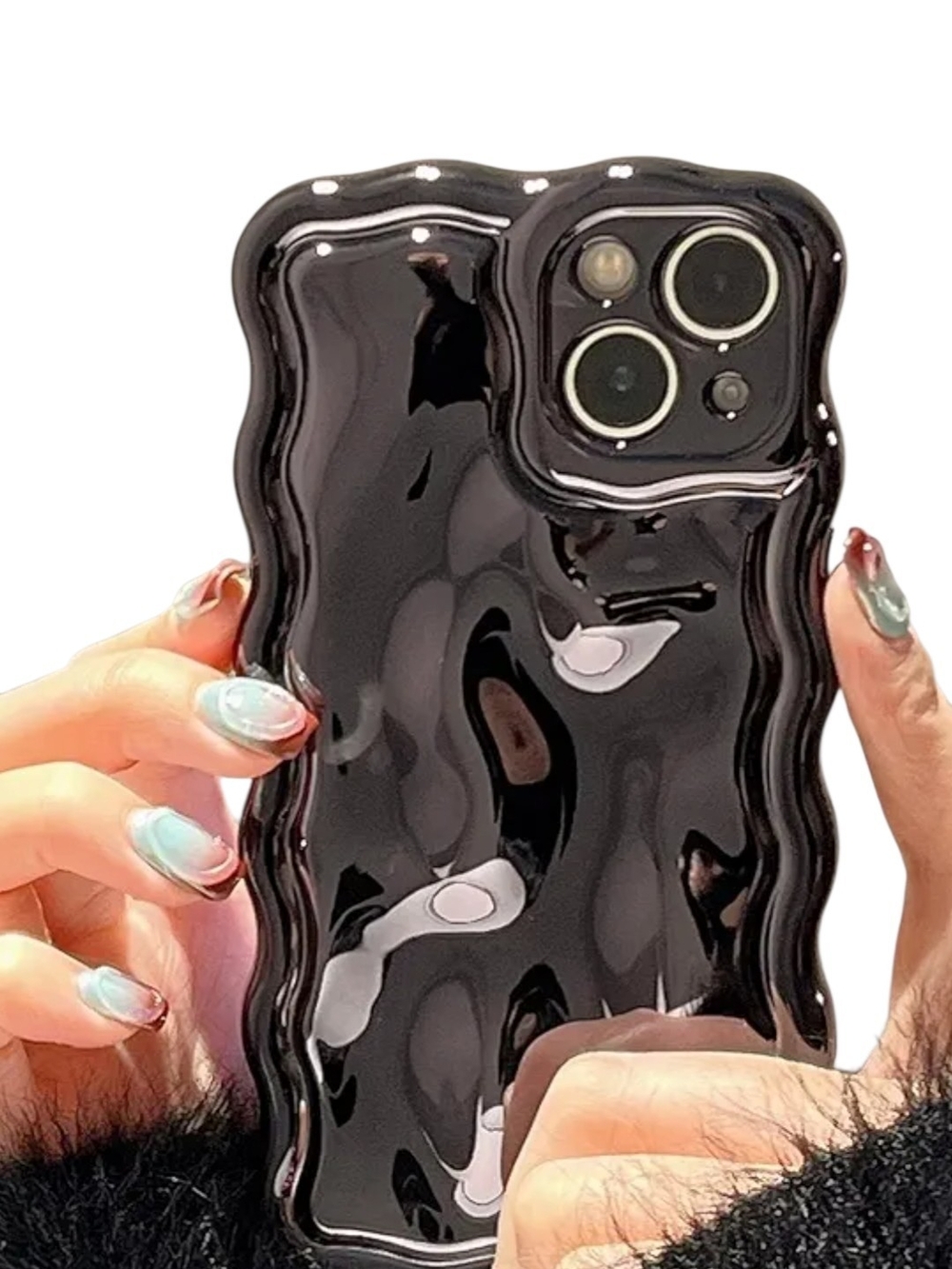 Glossy Black Wavy Edge Phone Case for iPhone - Protective Fashion Cover